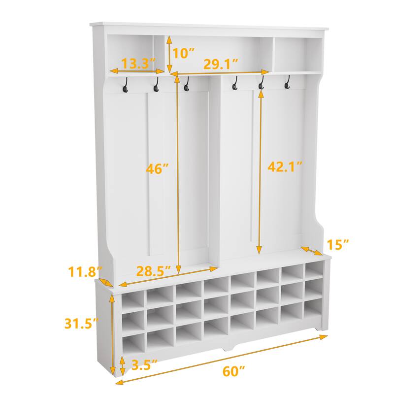 60" Wide Hall Tree with Ample Storage Space and 24 Shoe Cubbies Bed